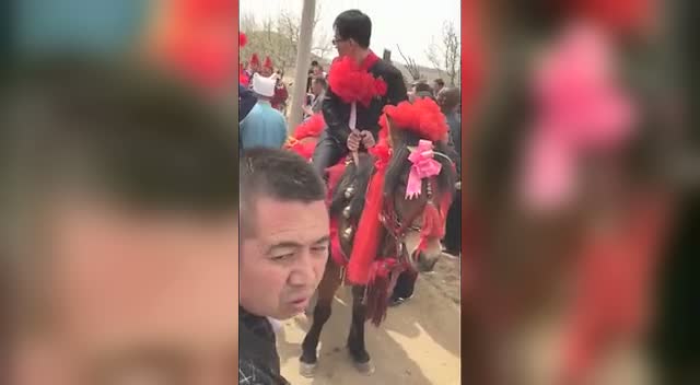 乡村婚礼的新郎骑马,新娘坐花轿,乐队吹唢呐的迎亲你见过么?