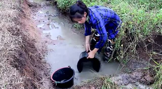 实用的捕鱼方式:农村姑娘在水沟里舀水捉鱼!